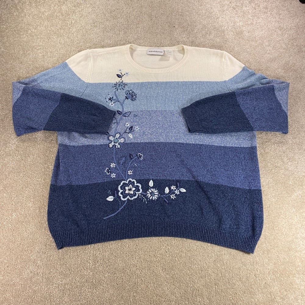 Alfred Dunner Sweater Womens XL Blue Striped Floral Embroidered Beaded Knit